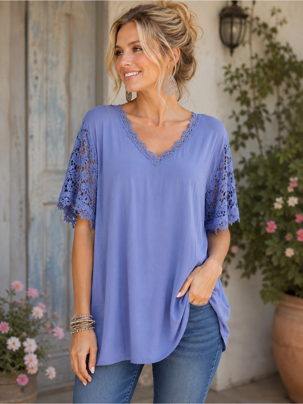 BloomChic Blue Crochet Lace Sleeve V Neck Flowy Tunic Top 14-16